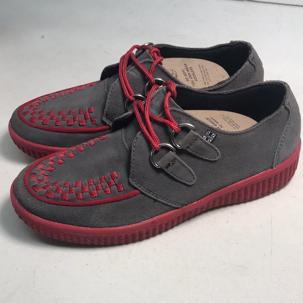 T.U.K. | Women’s Size 7 Grey & Red Suede Low Creepers Whimsigoth Skater Grindge